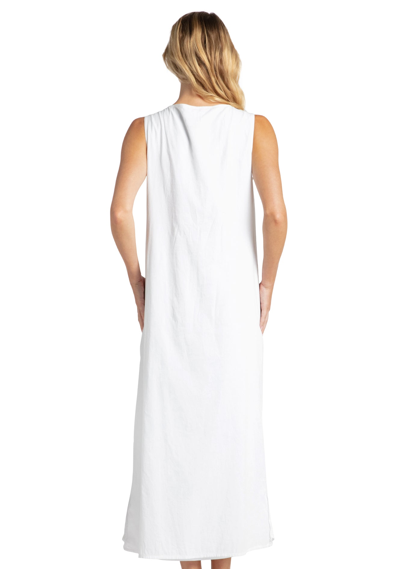 Woman wearing White Embroidered Side Slit Maxi Dress.