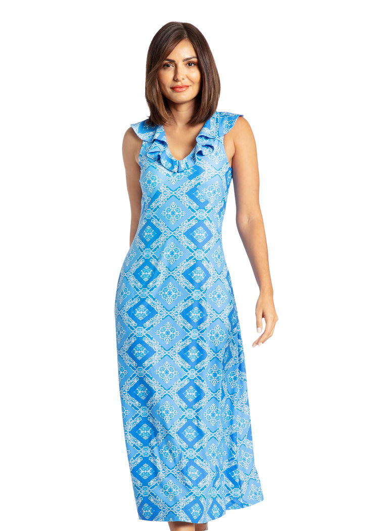 Woman wearing Windermere V-neck Ruffle Maxi Dress.