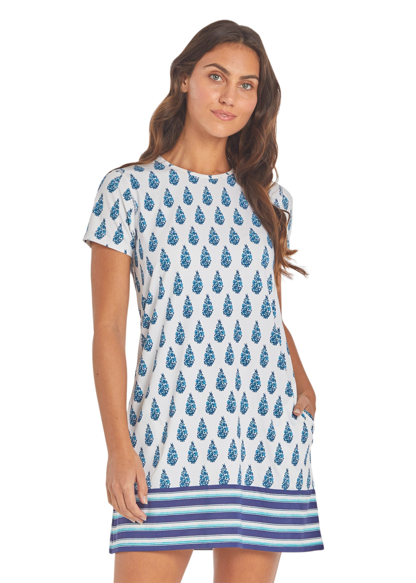 Woman wearing Delray Short Sleeve Shift Dress