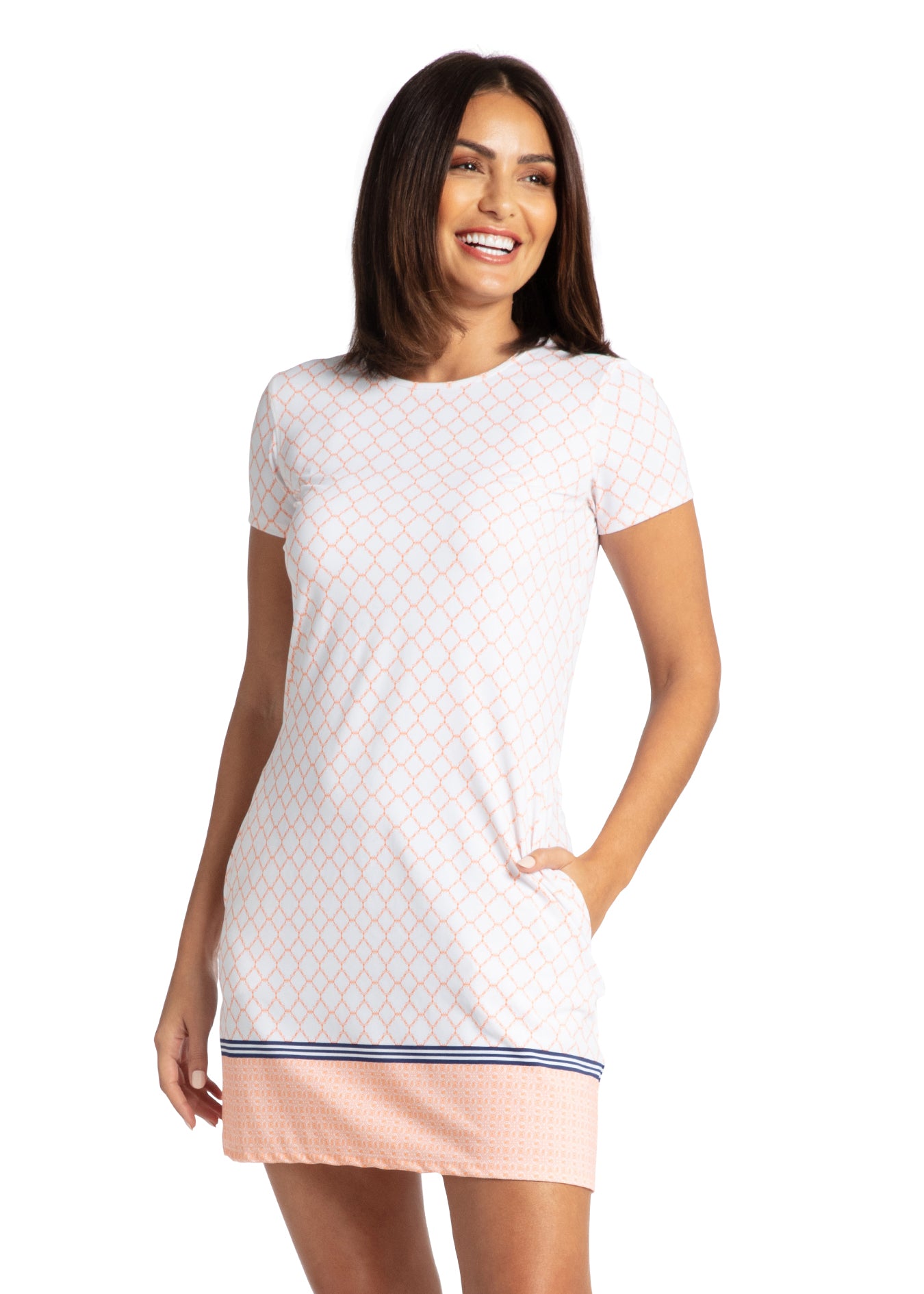 Woman modeling front of Fisher Island Short Sleeve Shift Dress.