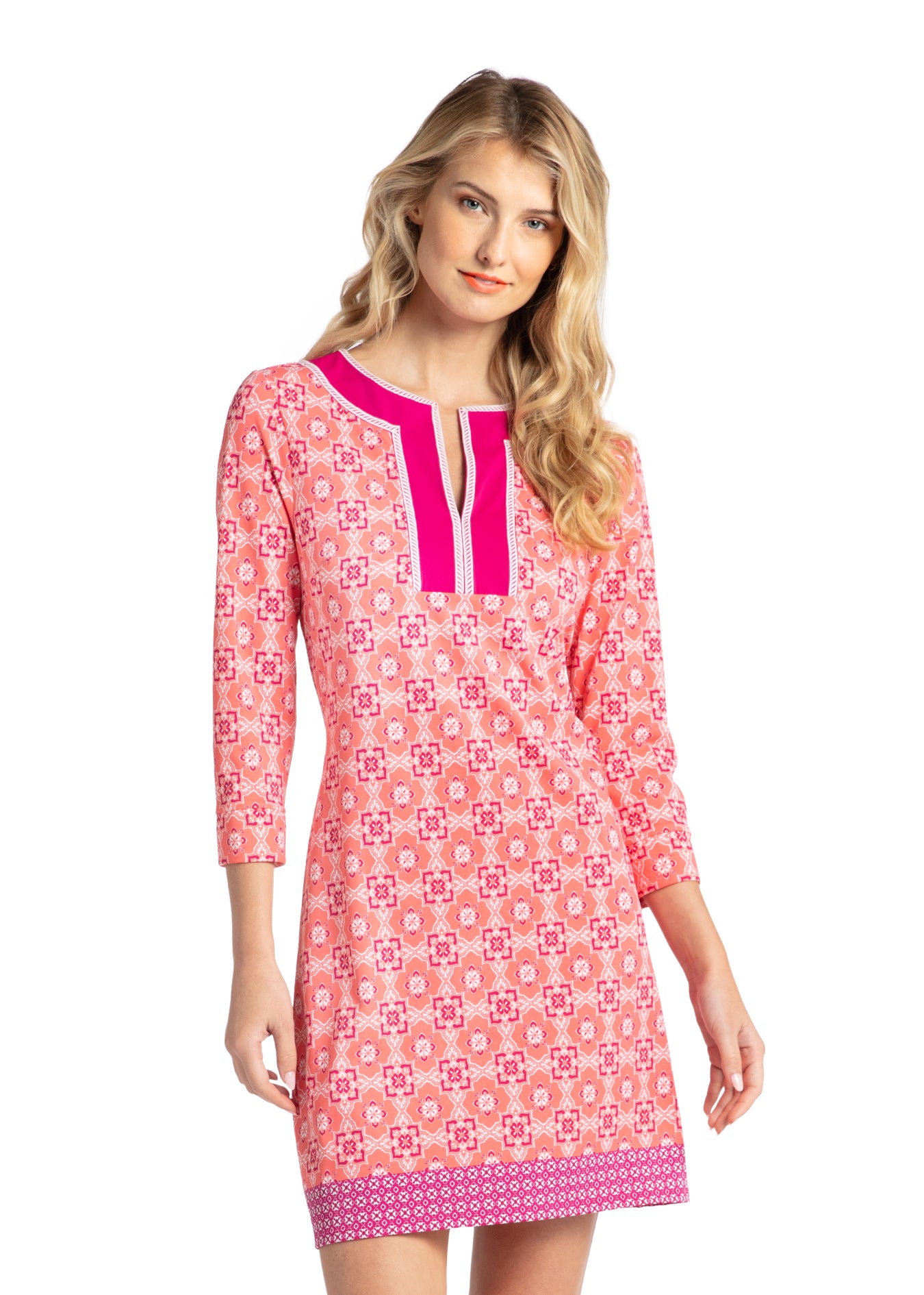 Woman wearing Coral Gables Embroidered Tunic Dress.