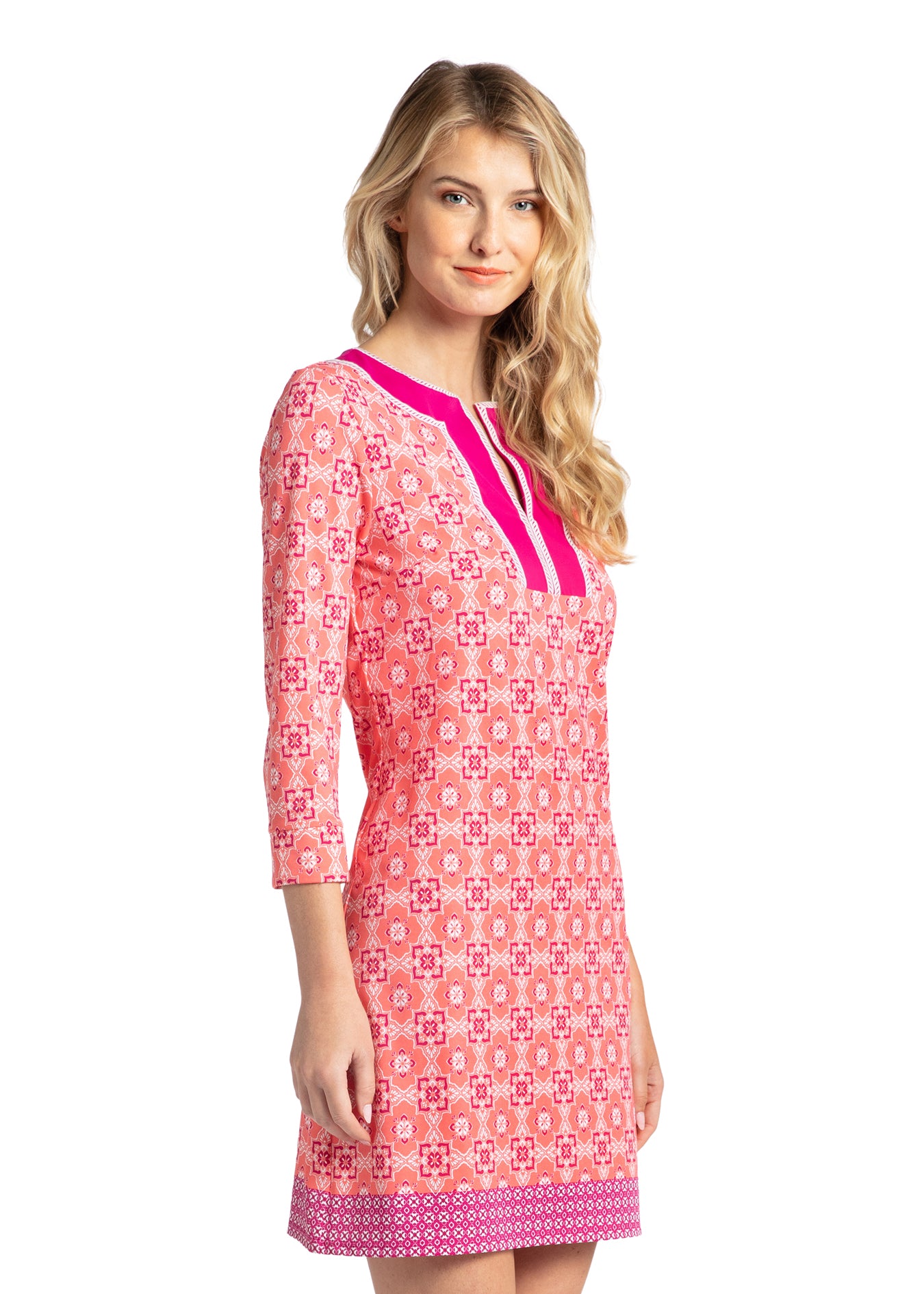 Woman wearing Coral Gables Embroidered Tunic Dress.