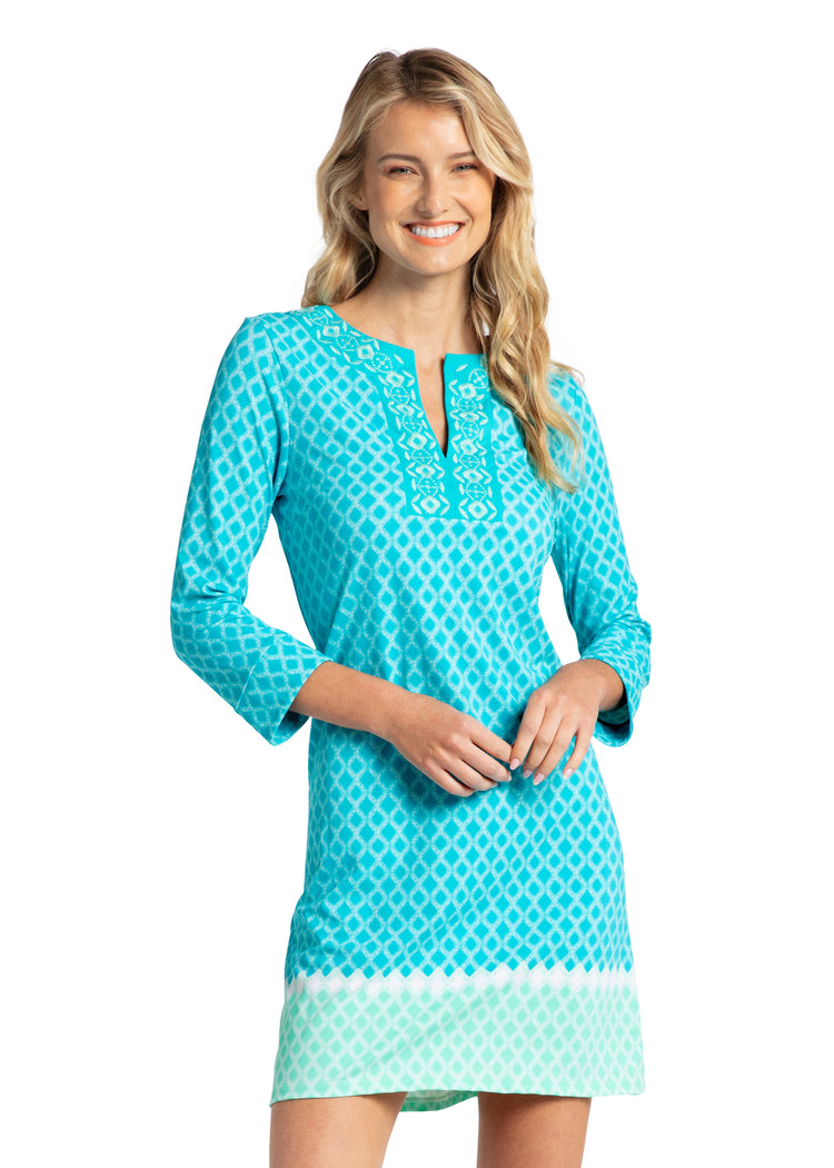Woman wearing St. Pete Embroidered Tunic Dress.