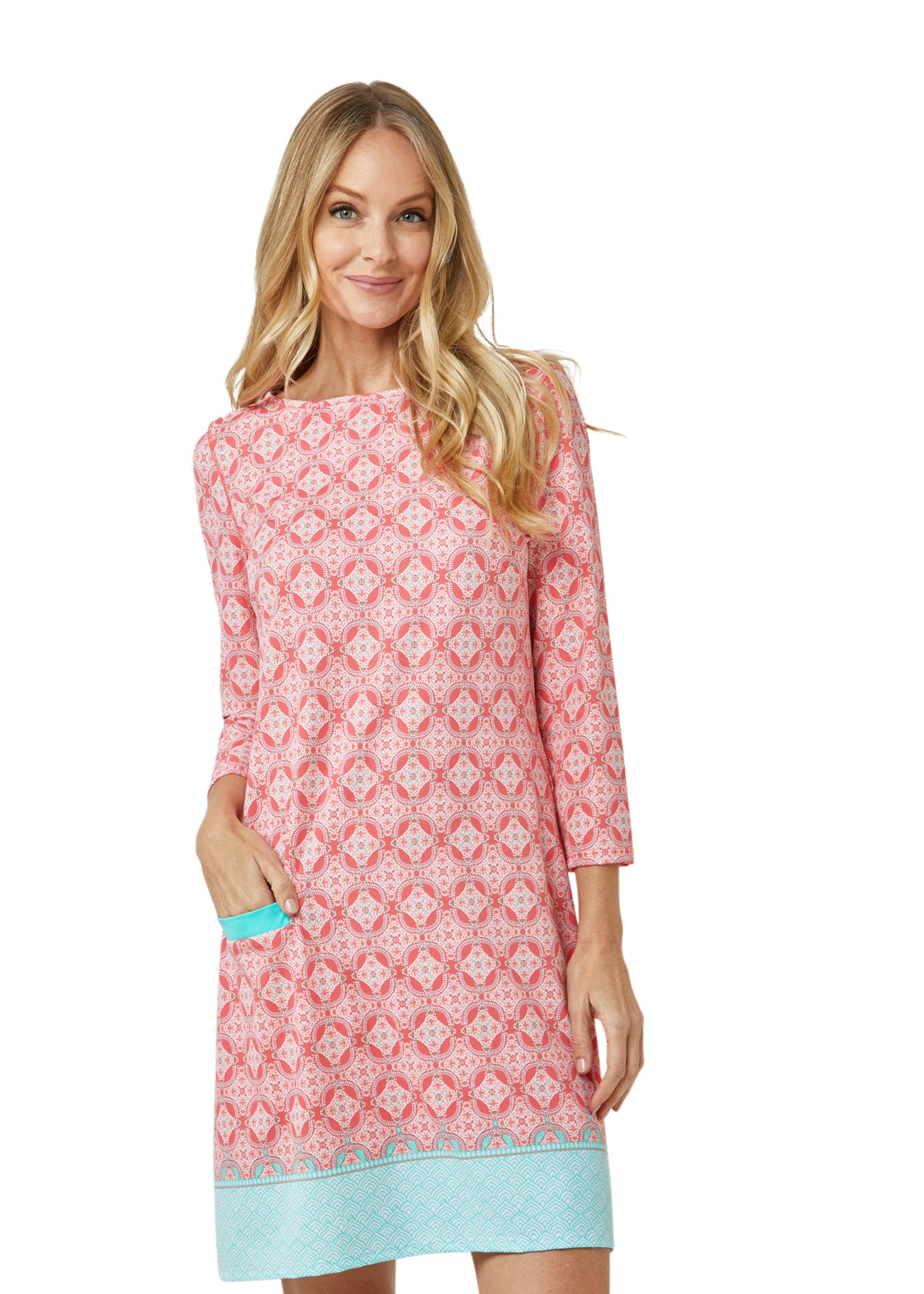 Woman wearing Coral Tides UPF 50+ Coral Cabana Shift Dress