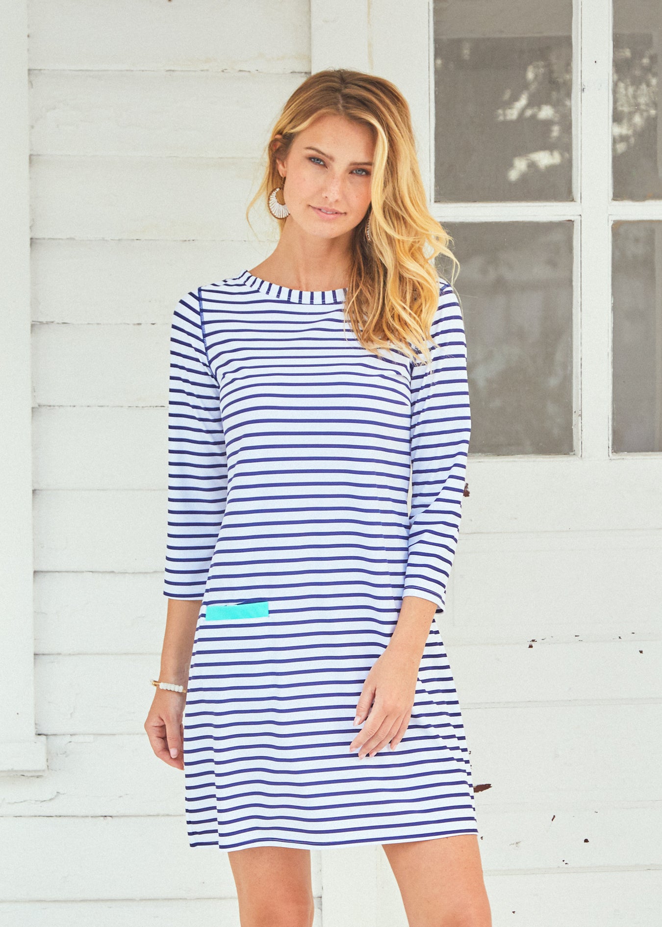 Woman wearing Navy Stripe Cabana Shift Dress