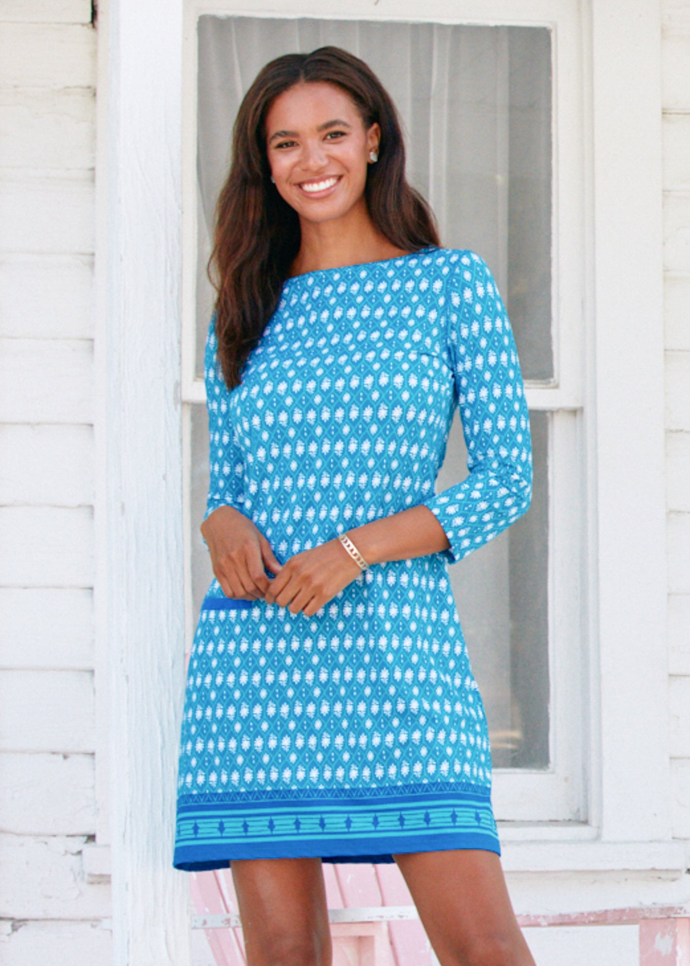 Woman wearing Palm Valley Cabana Shift Dress.