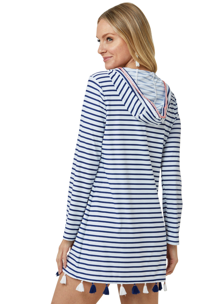 Woman wearing Navy Stripe Hooded Cover Up
