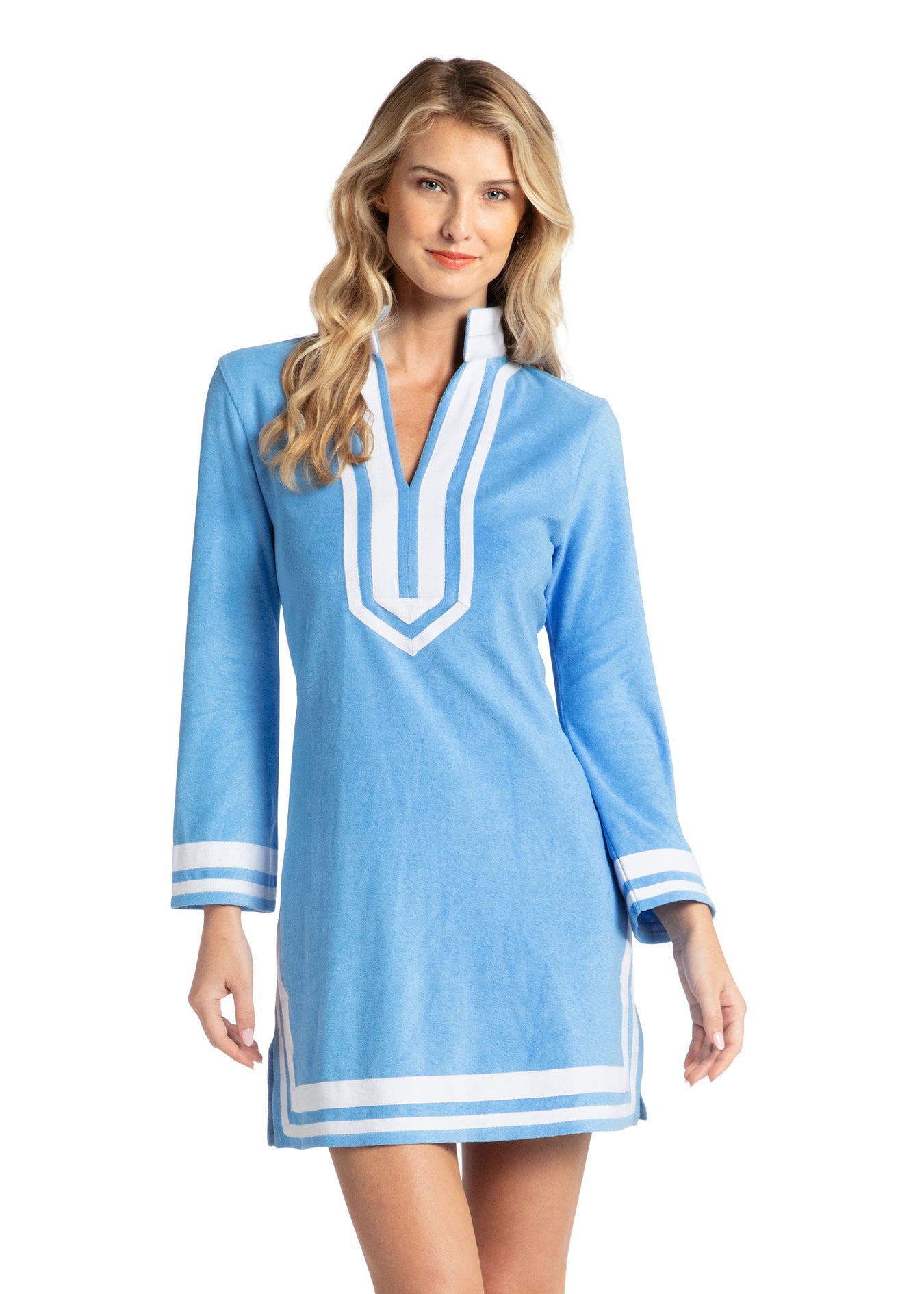 Woman wearing Blue/White Trim Terry Tunic