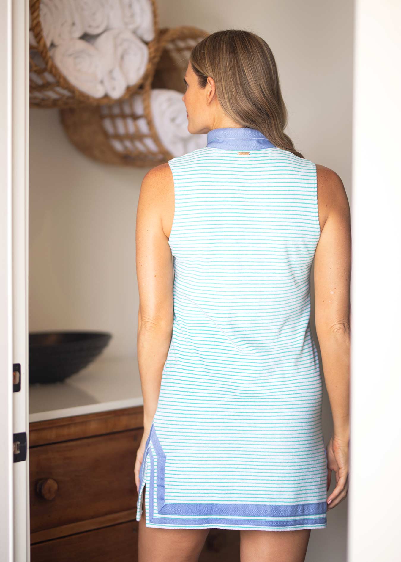 Woman wearing Mint Stripe Sleeveless Terry Tunic