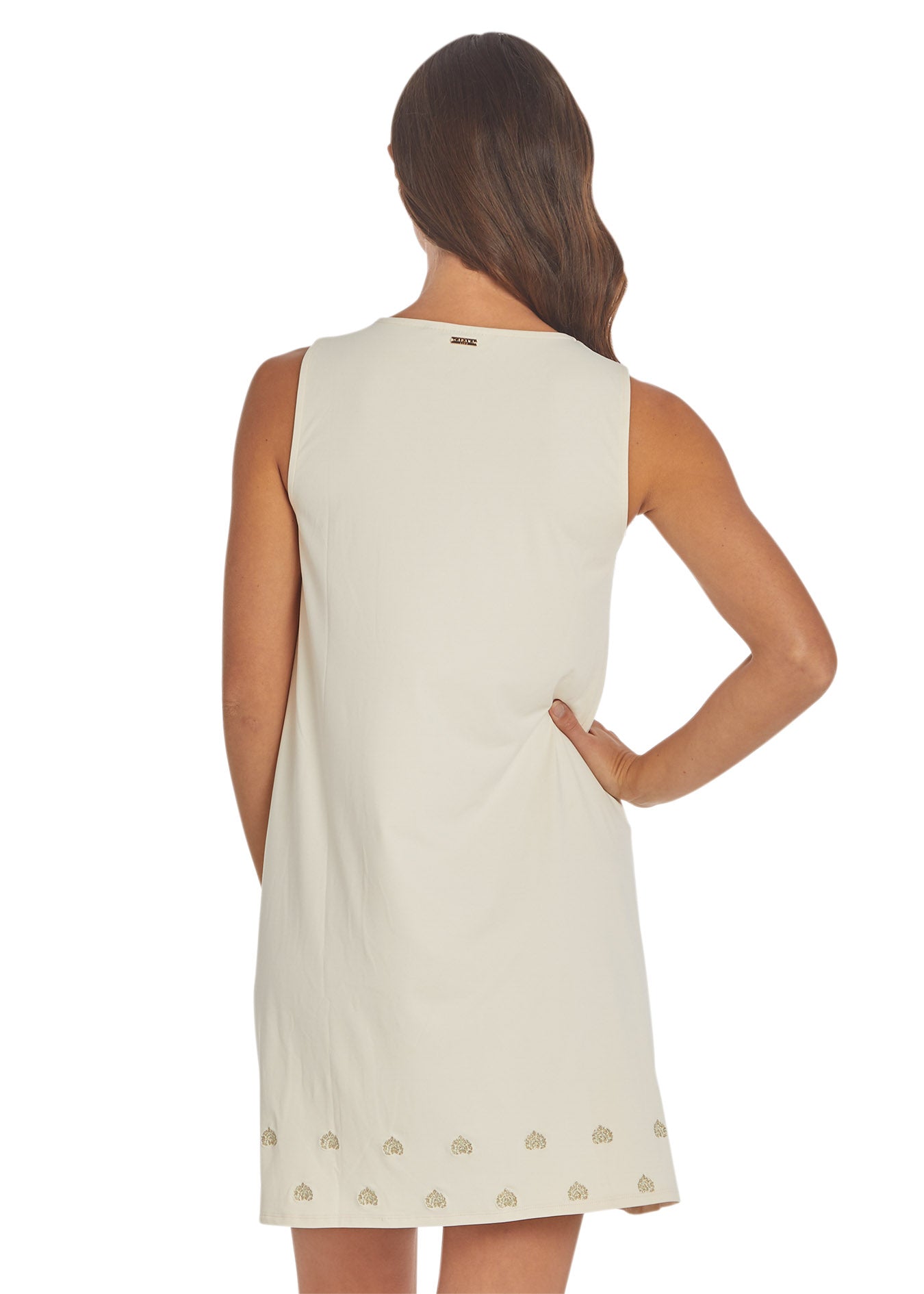 Woman wearing Ivory Metallic Sleeveless Shift Dress