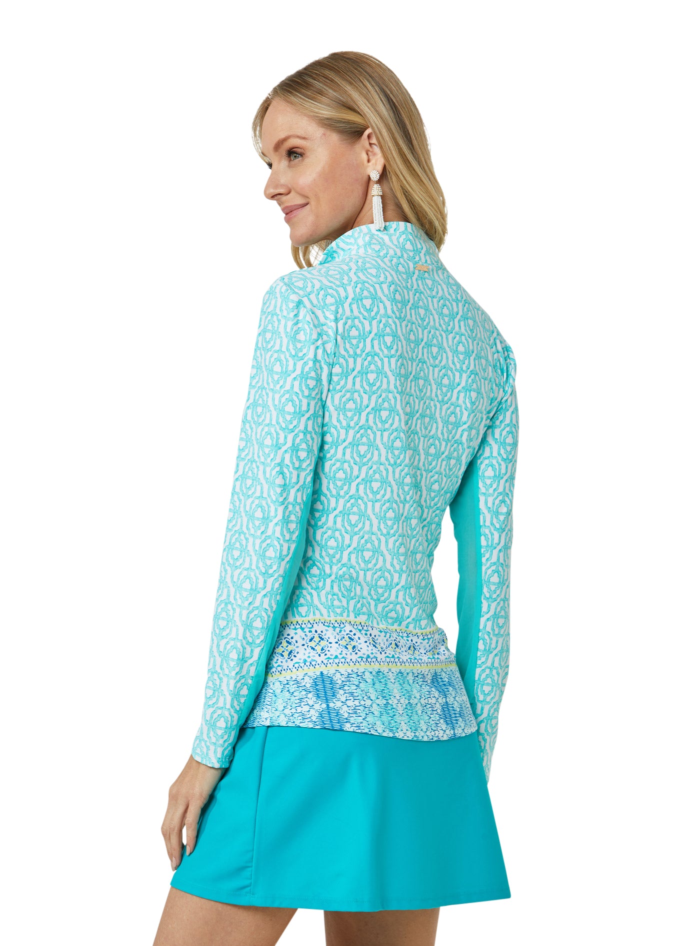 Woman wearing Coastal Cottage UPF 50+ Wicking Performance Zip Top and Turquoise Longer Swim Skirt