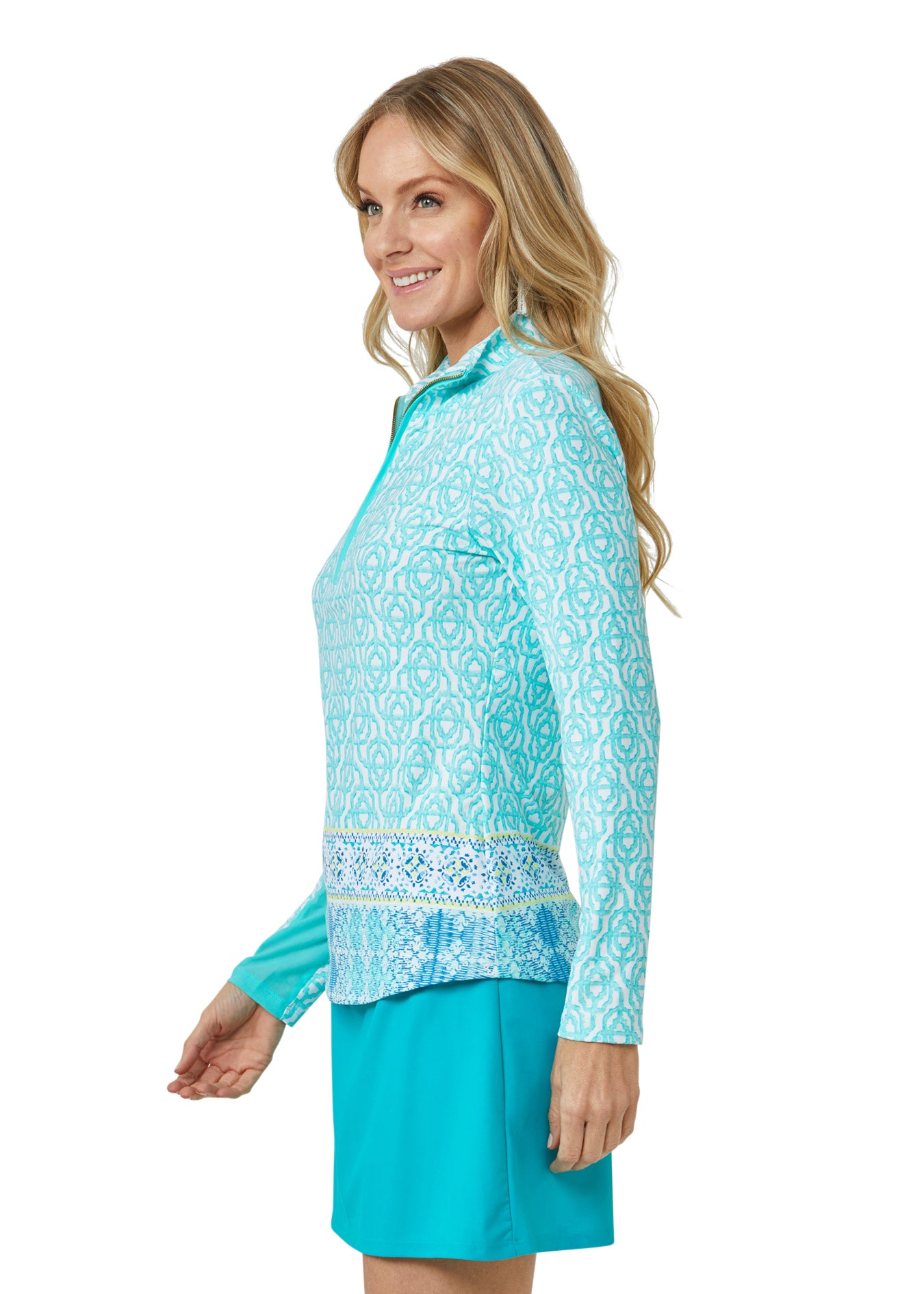 Woman wearing Coastal Cottage UPF 50+ Wicking Performance Zip Top and Turquoise Longer Swim Skirt