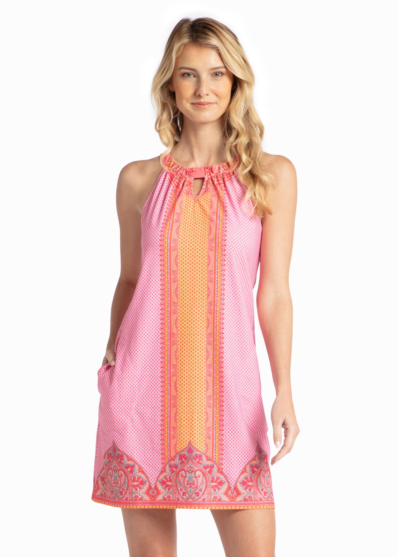 Woman wearing Boca Raton Sleeveless Shift Dress.