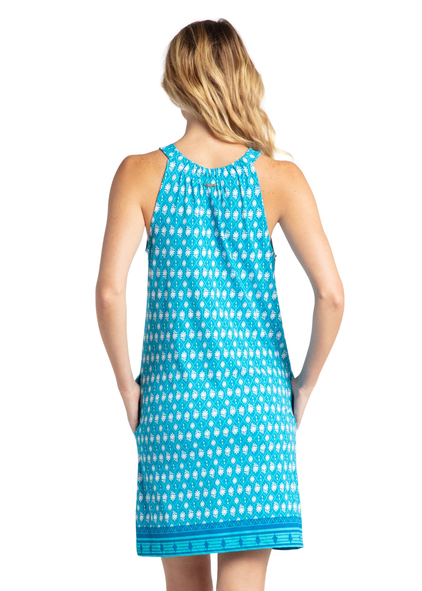 Woman modeling back of Palm Valley Sleeveless Shift Dress