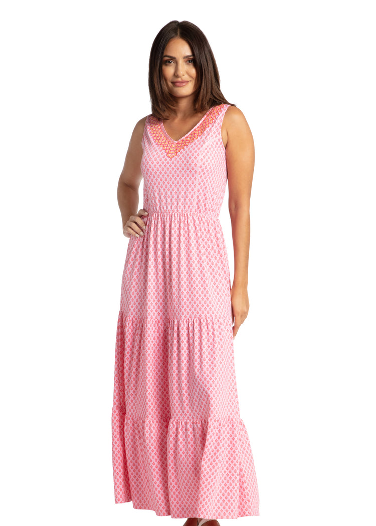 Woman wearing Boca Raton Embroidered Tiered Maxi Dress.