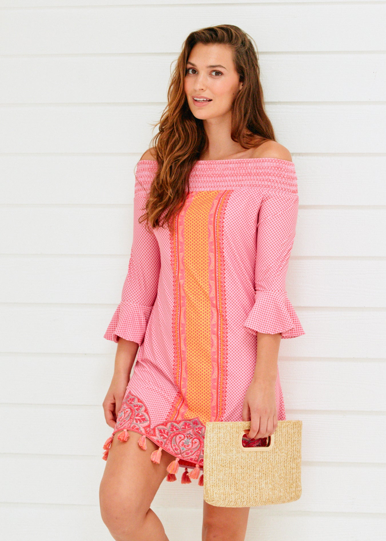 Woman wearing Boca Raton Off The Shoulder Dress.
