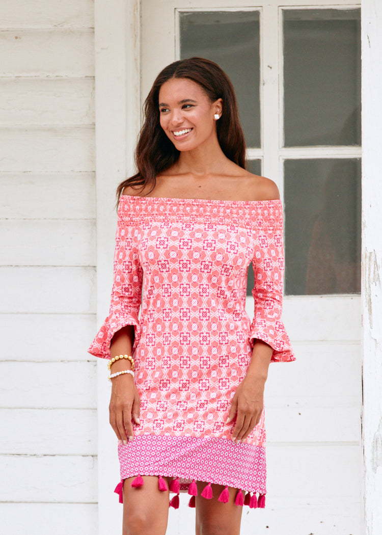 Woman wearing Coral Gables Off The Shoulder Dress.