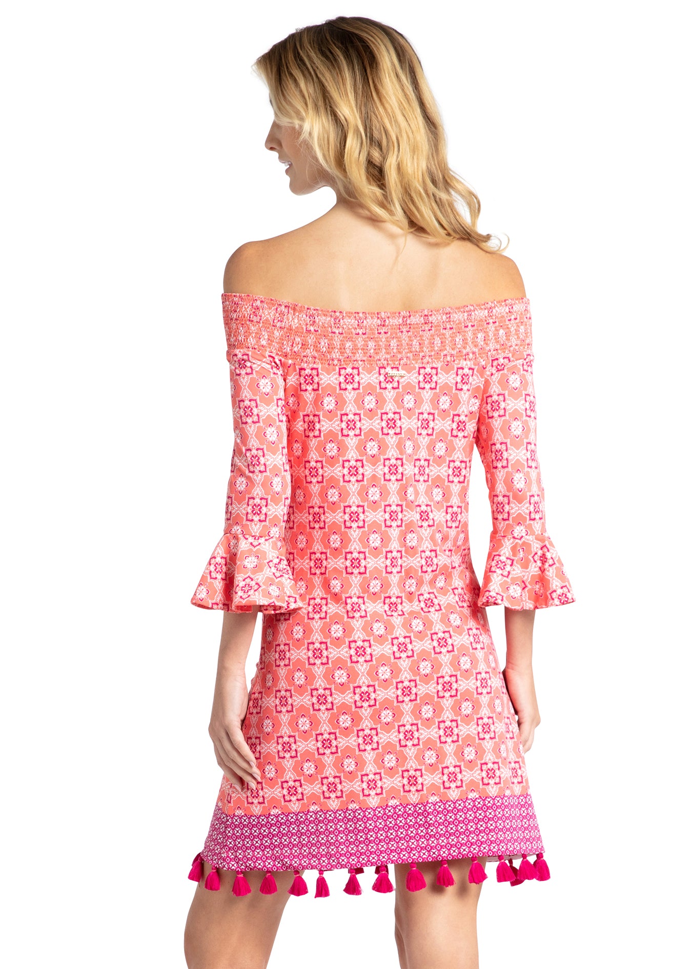 Woman wearing Coral Gables Off The Shoulder Dress.
