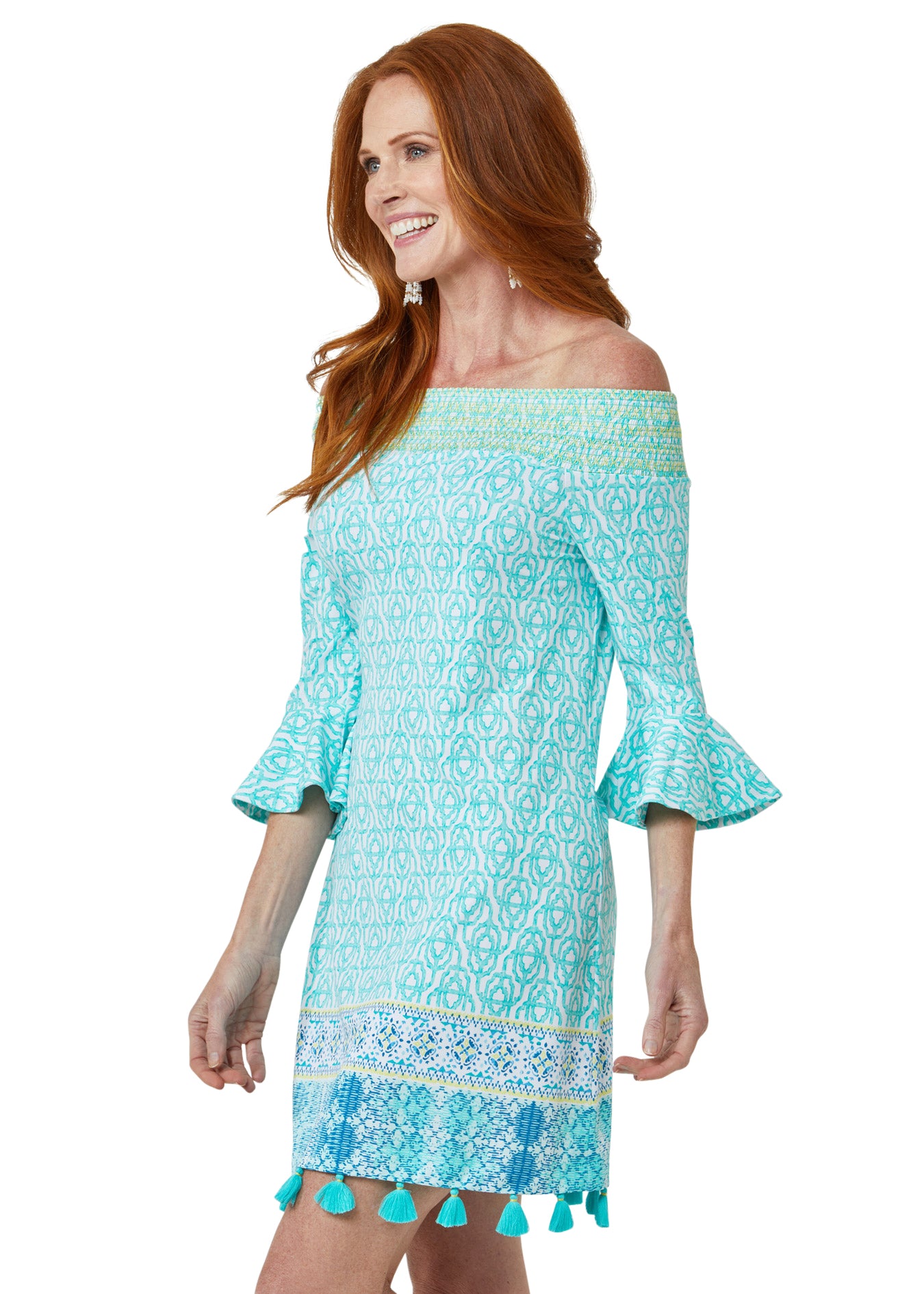 Woman wearing Coastal Cottage UPF 50+ Off the Shoulder Dress