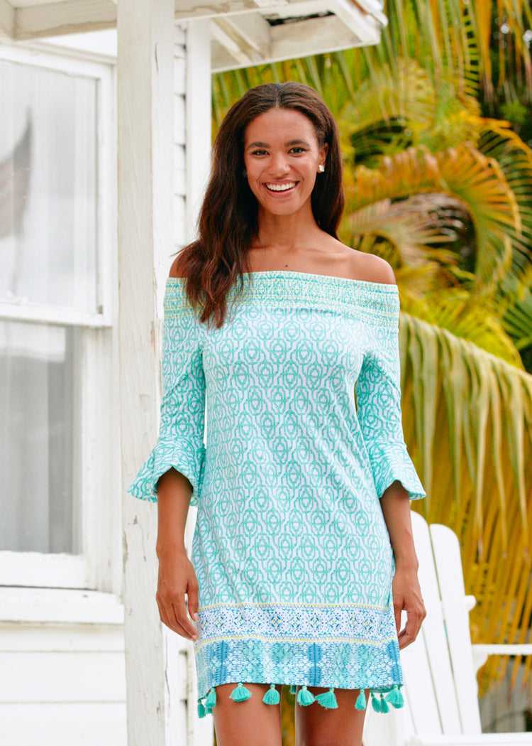 Woman wearing Coastal Cottage Off The Shoulder Dress.