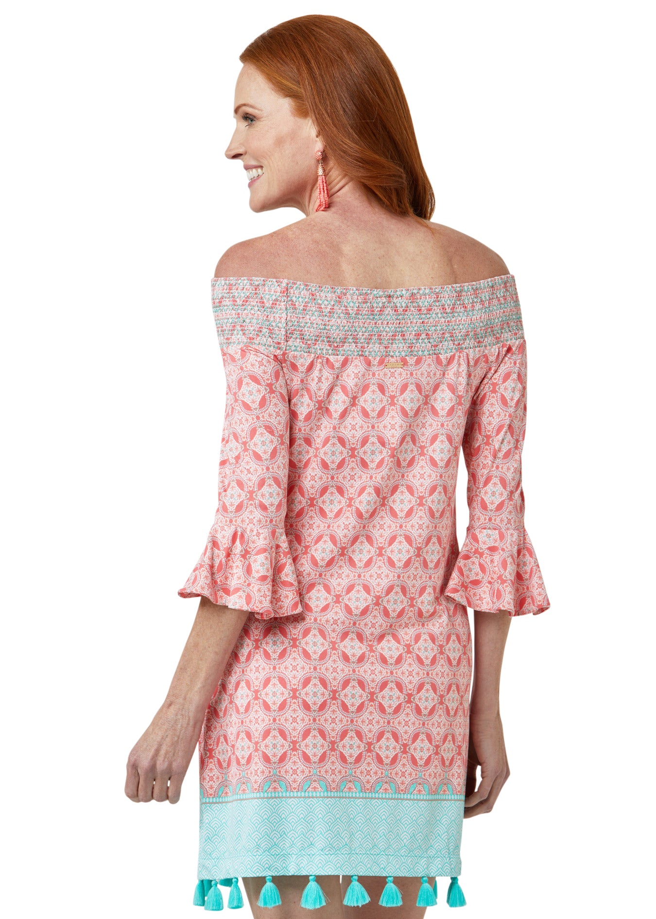 Woman wearing Coral Tides UPF 50+ Off the Shoulder Dress