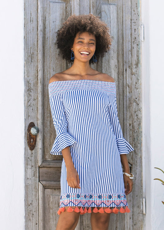Woman wearing St. Barts Off the Shoulder Dress with UPF 50+ sun protection 