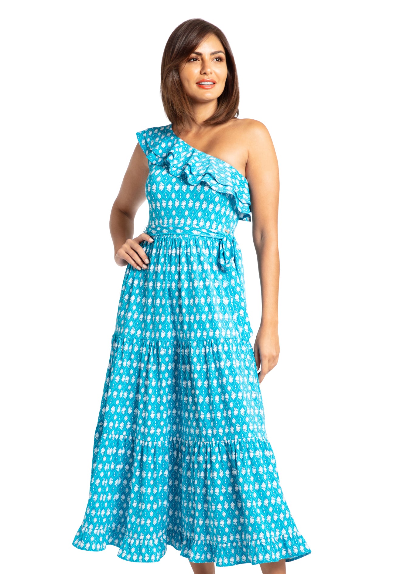 Woman modeling front of Palm Valley One Shoulder Maxi Dress