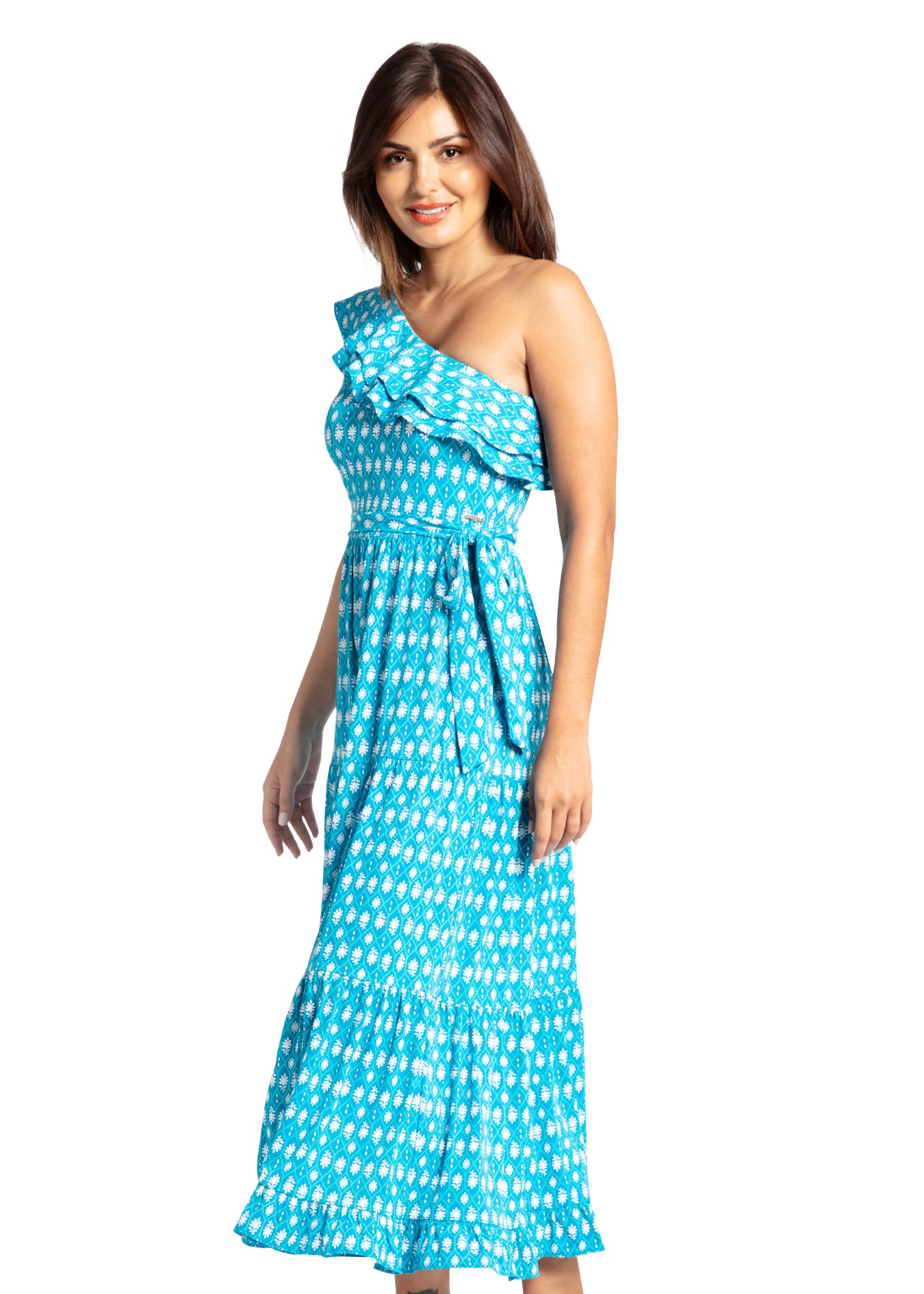 Woman modeling side of Palm Valley One Shoulder Maxi Dress