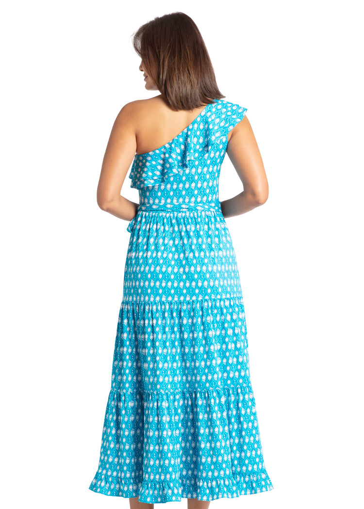 Woman modeling back of Palm Valley One Shoulder Maxi Dress
