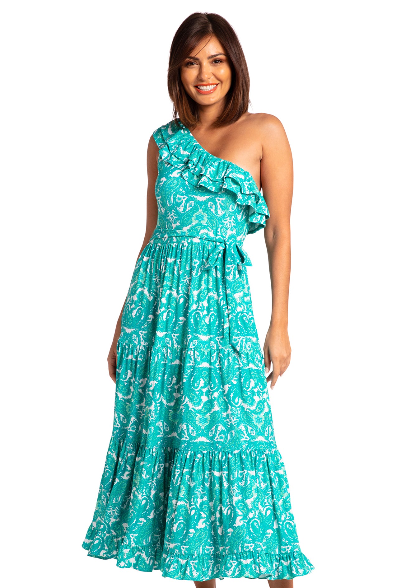 Woman wearing St. Pete One Shoulder Maxi Dress.