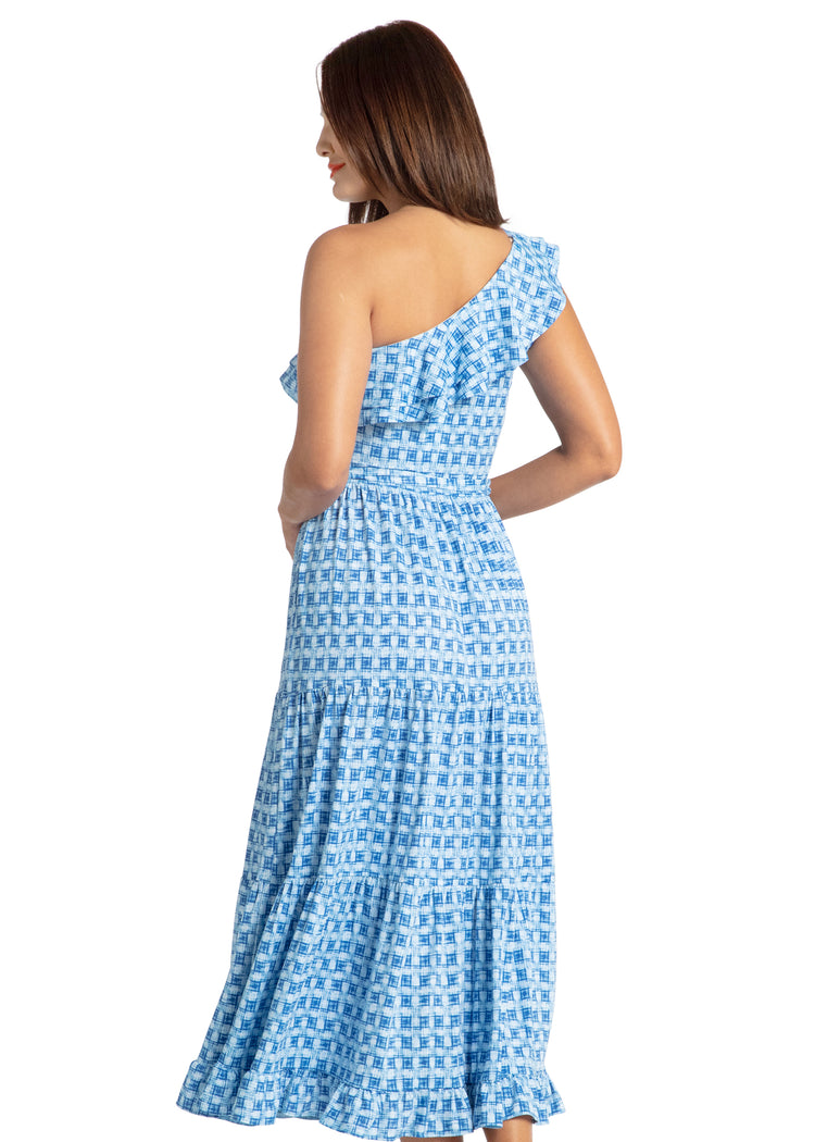 Woman wearing Windermere One Shoulder Maxi Dress.