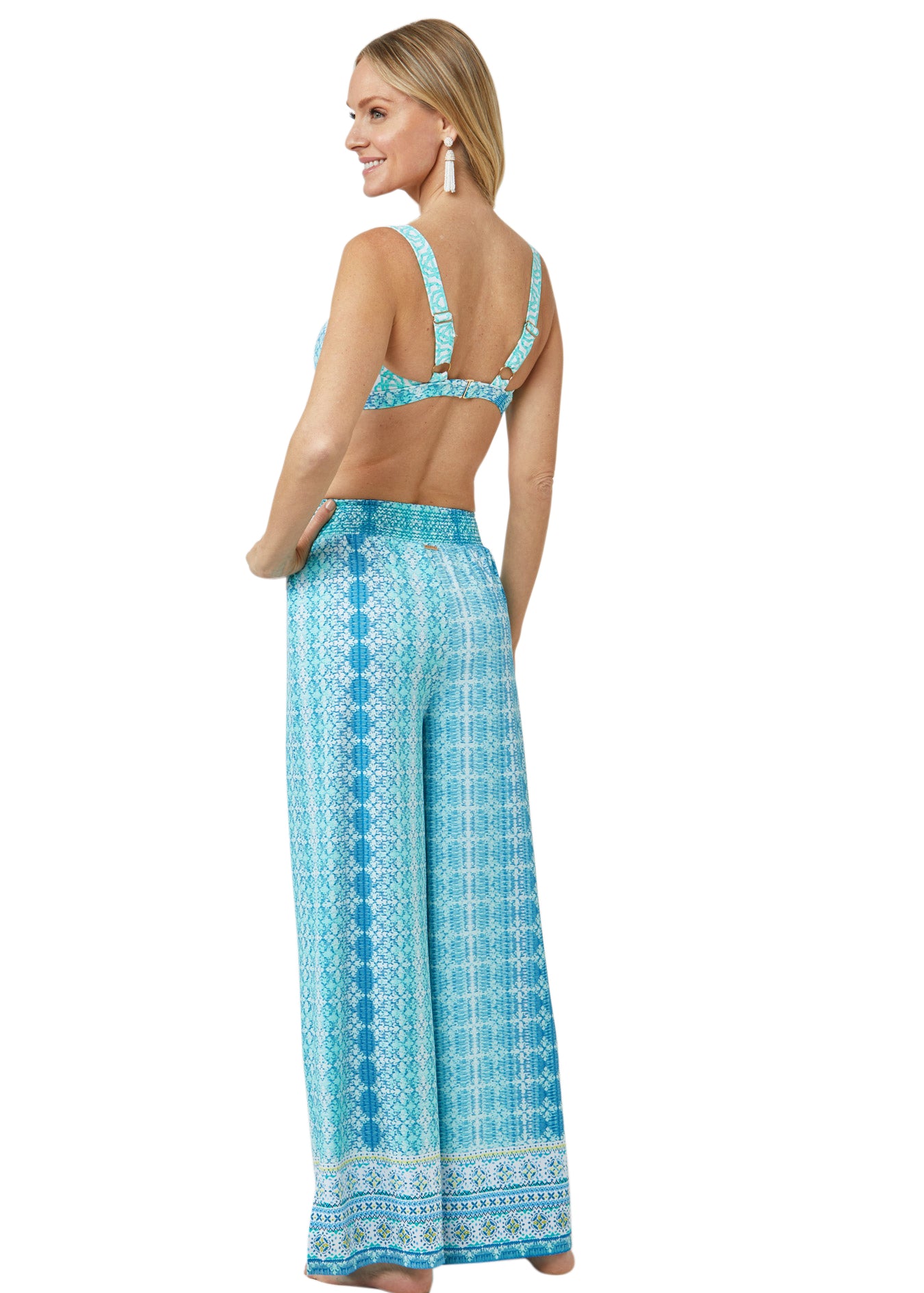 Woman wearing Coastal Cottage UPF 50+ Side Slit Palazzo Pants and Coastal Cottage Bikini Top