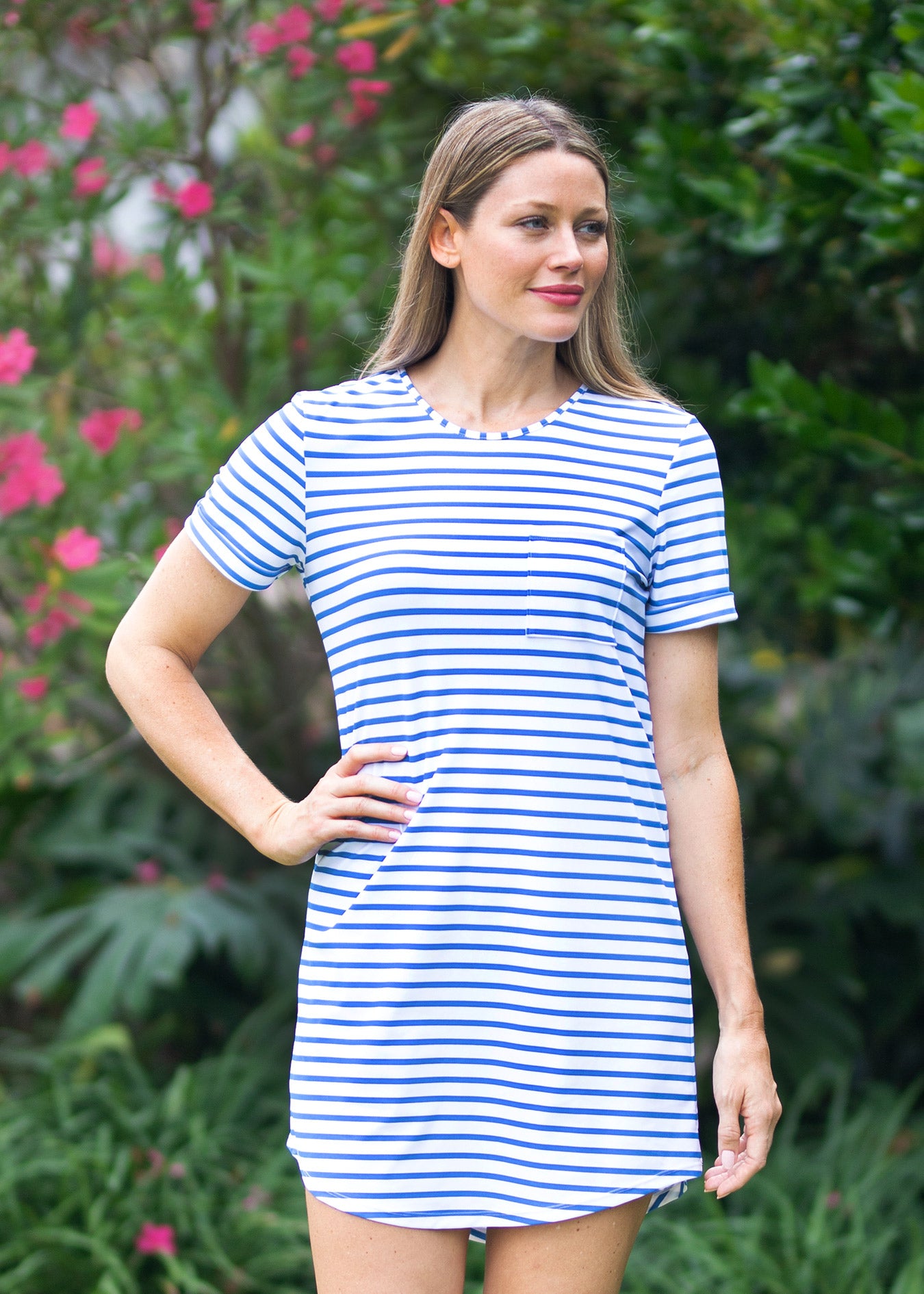Woman wearing Cabana Life Royal Blue Stripe T-Shirt Dress