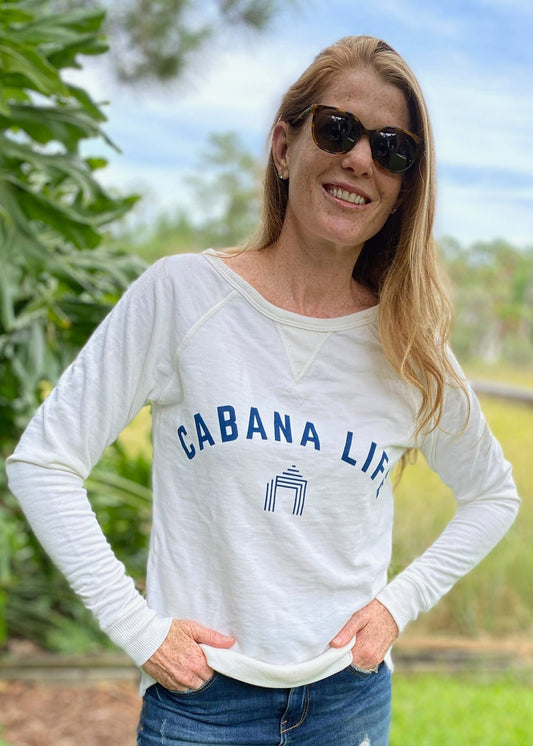 Woman wearing Cabana Life White UPF 50+ Sweatshirt