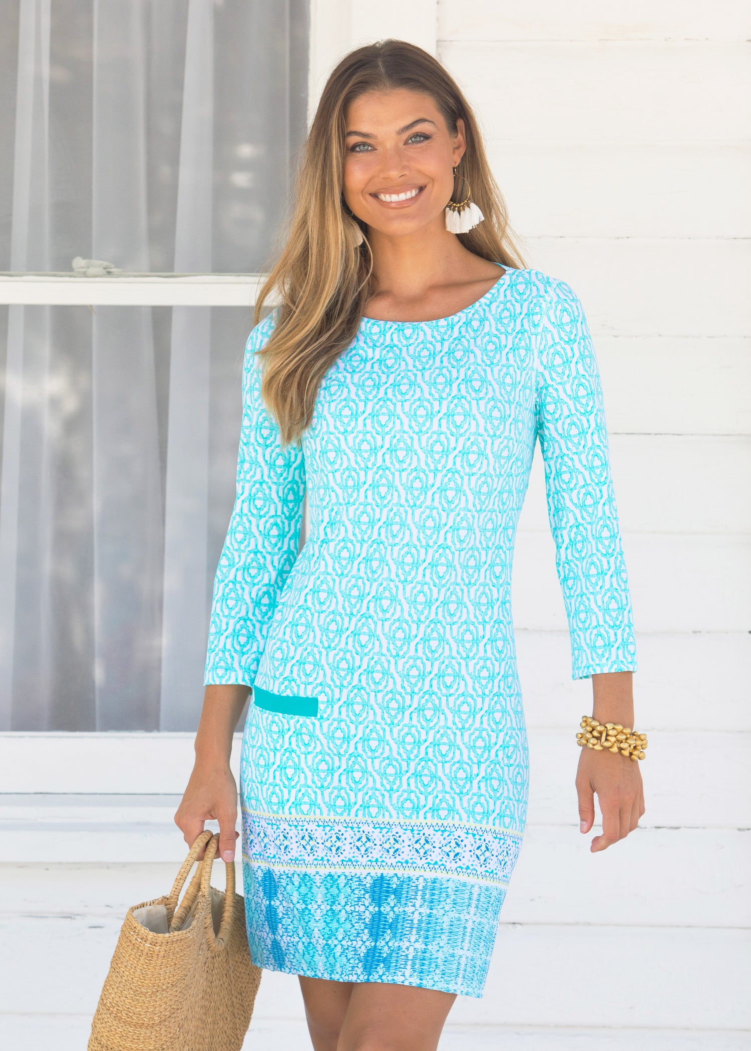 Woman wearing Coastal Cottage Cabana Shift Dress