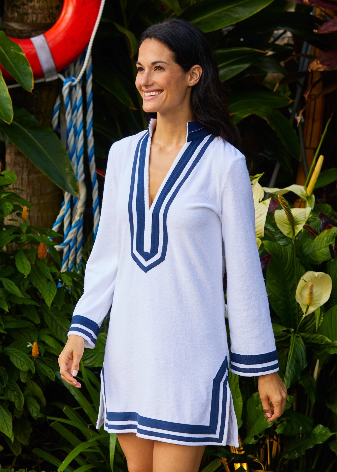 Woman wearing White/Navy Trim Terry Tunic