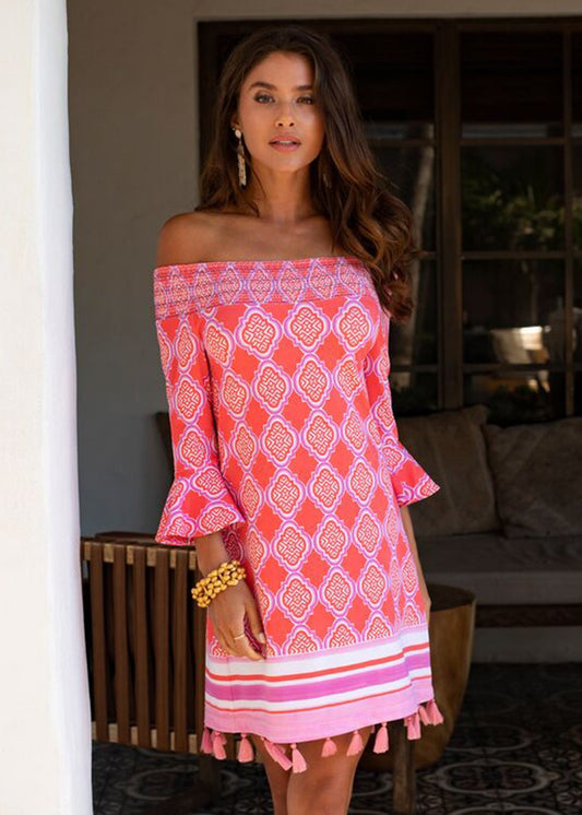 Woman wearing Cabana Life Coral Geo Off The Shoulder Dress