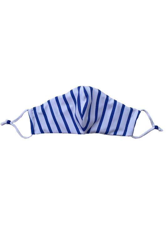 Royal blue and white striped fitted mask. White adjustable straps with blue bead.
