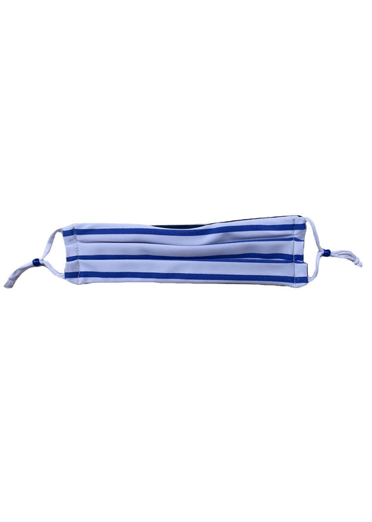 Royal Blue pleated mask with royal blue and white horizontal stripes. white adjustable ties and blue bead.