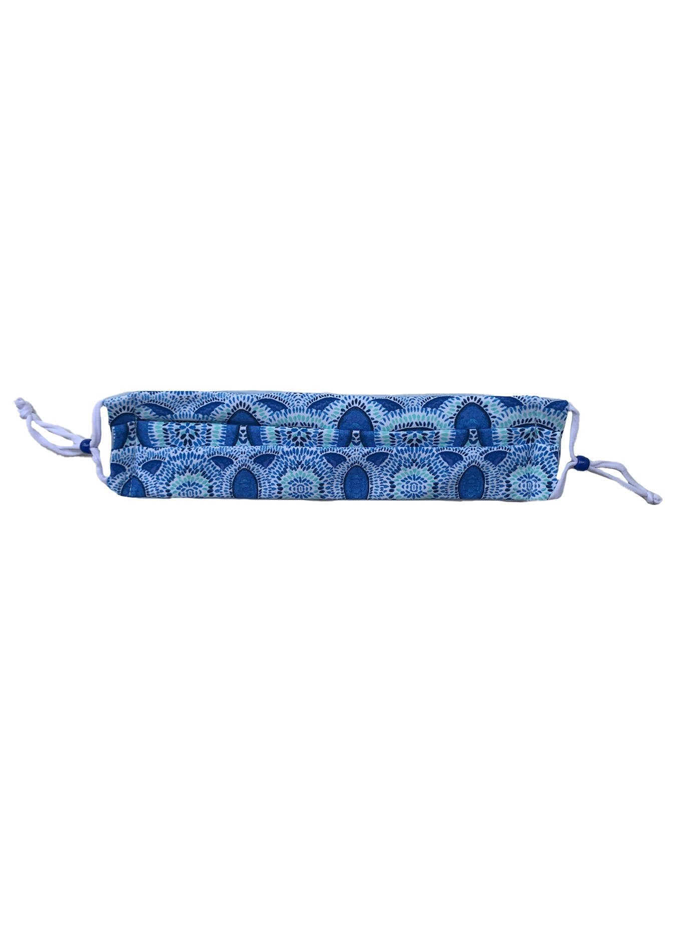 Roadmap Pleated face mask. Deep blue and aqua abstract design with white adjustable ties and blue beads.