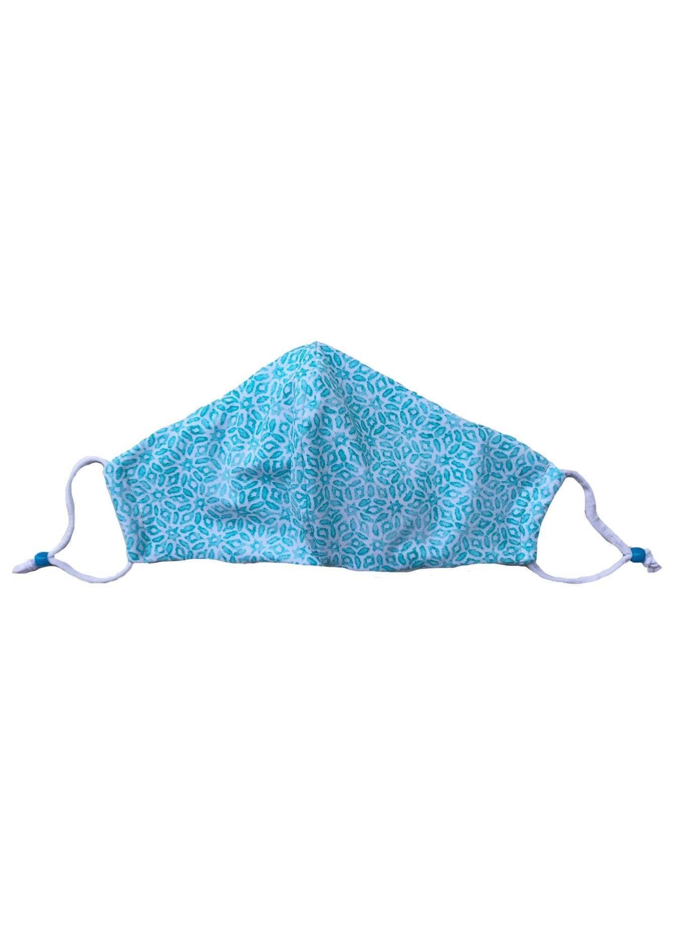 White Aqua Citrus Fitted mask. Aqua and white floral print with white adjustable straps and blue bead.