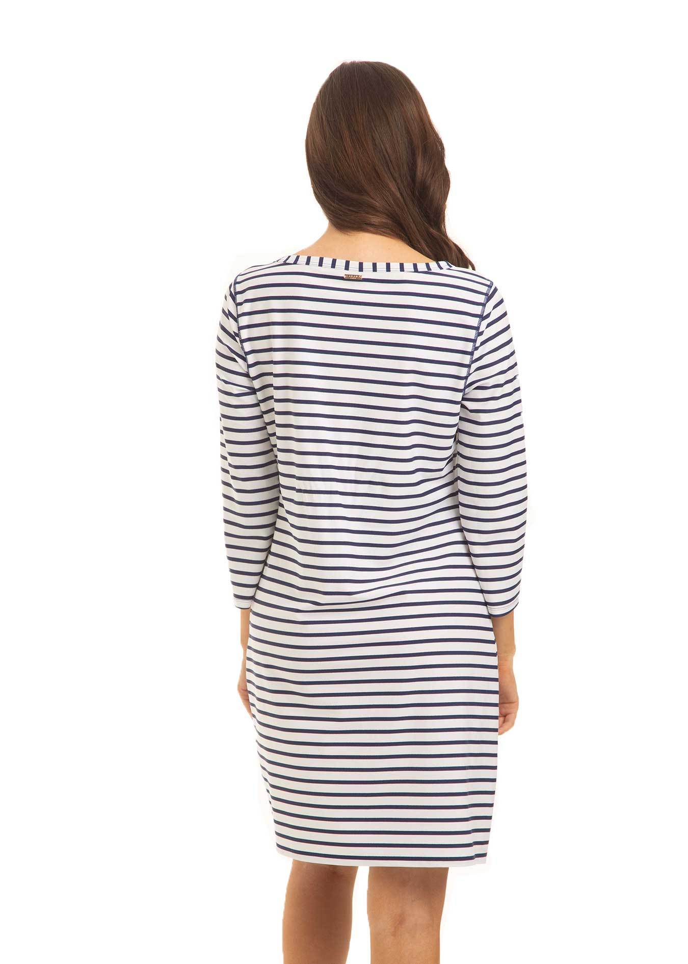 Woman wearing Navy Stripe Cabana Shift Dress