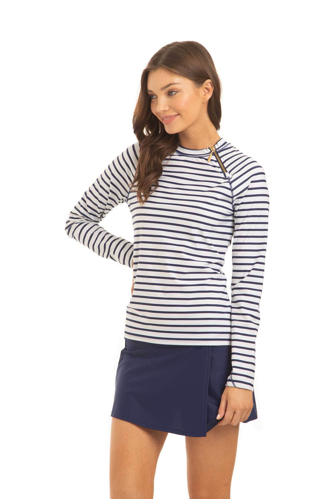 Navy Rashguard Women's Navy Stripe Zipper Rashguard | UPF 50+