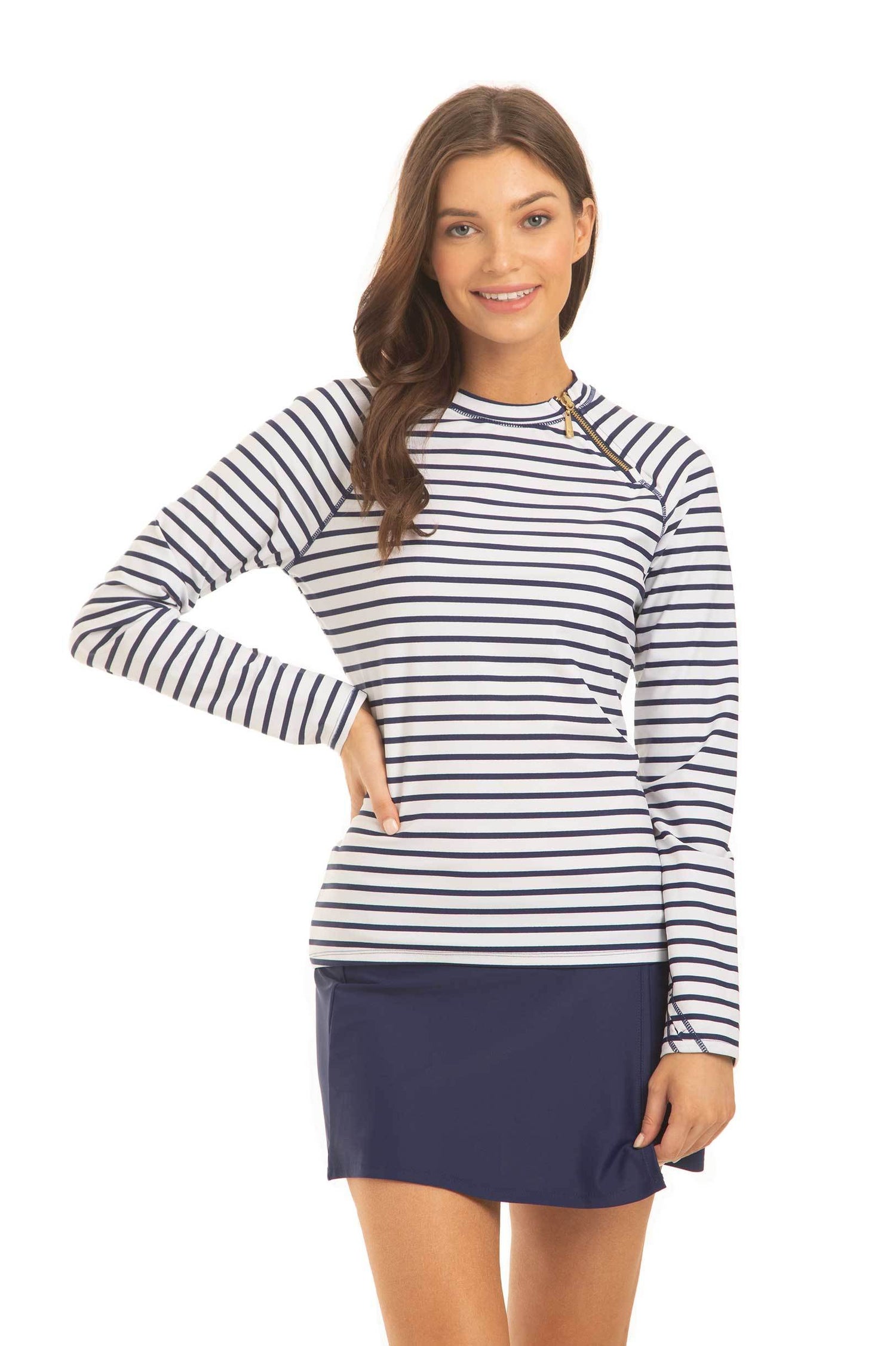 Women's Navy Stripe Zipper Rashguard | UPF 50+